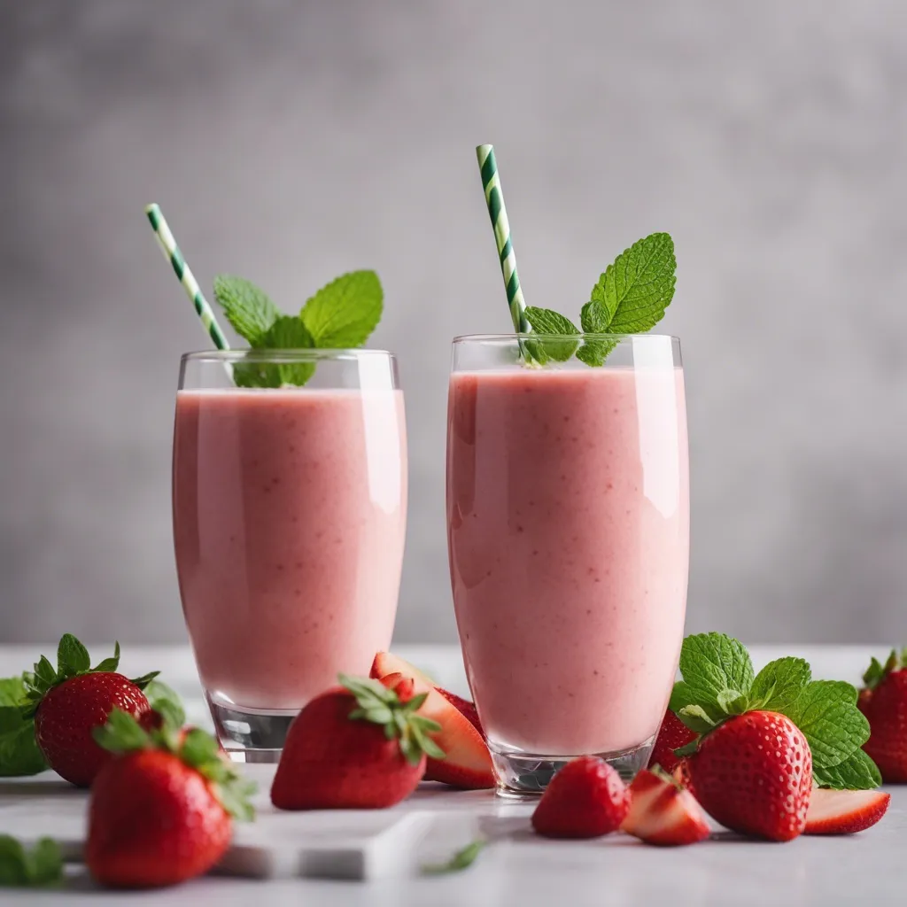 Two glasses of Strawberry Apple Smoothie with a green and white straws and garnished with mint. There are strawberries scattered around the glasses in the foreground of the photo.