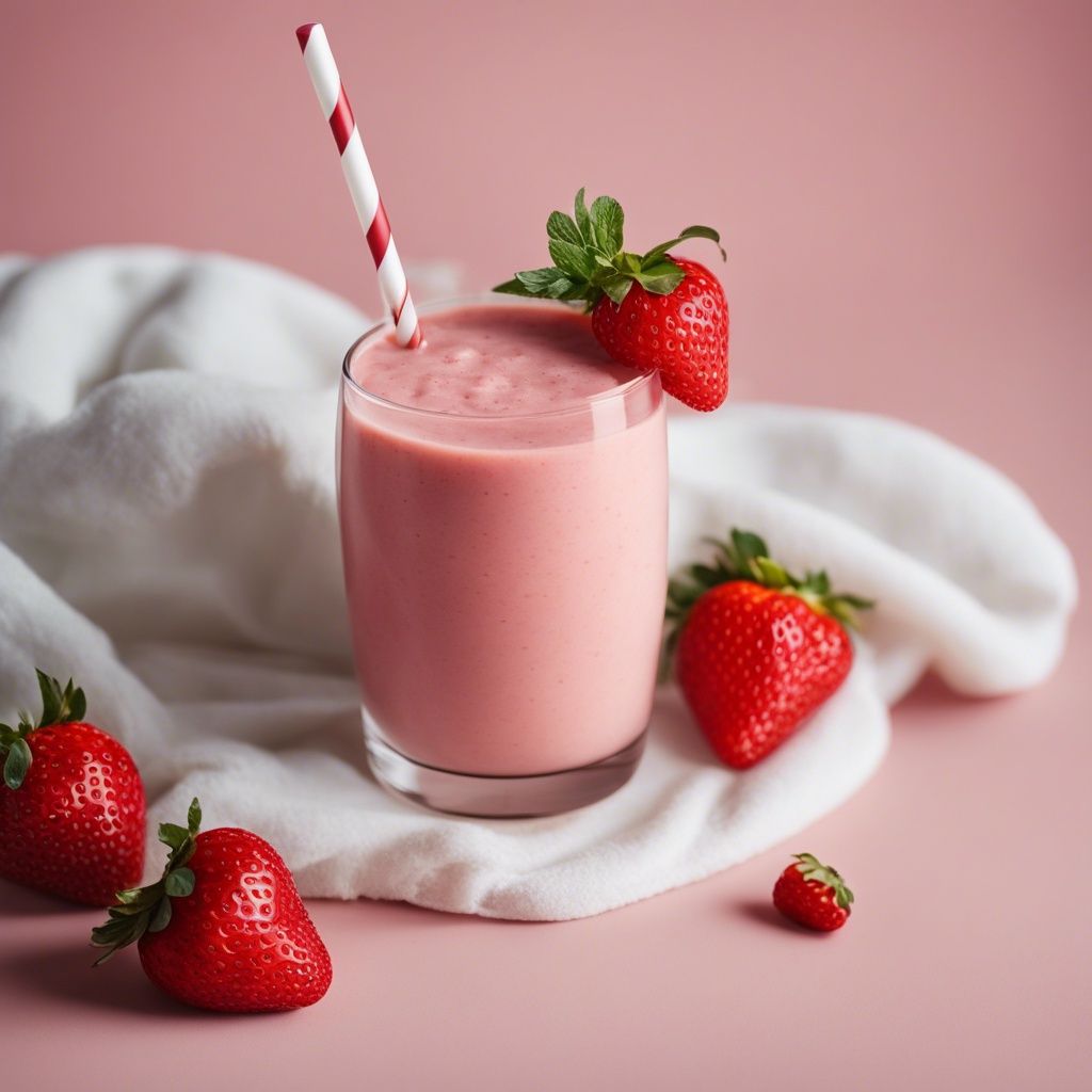 A glass of Strawberry Banana Smoothie without yogurt, with a red and white striped straw, surrounded by whole strawberries on a pink surface with a white cloth.