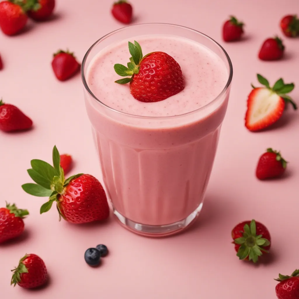 A glass of Strawberry Banana Smoothie without yogurt, topped with a whole strawberry, and surrounded by more strawberries on a pink background.