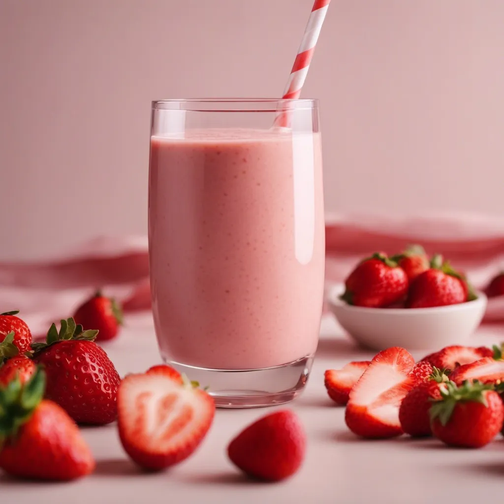 A glass of Strawberry Banana Smoothie without yogurt, with a red and white striped straw, surrounded by halved and whole strawberries on a pink surface.