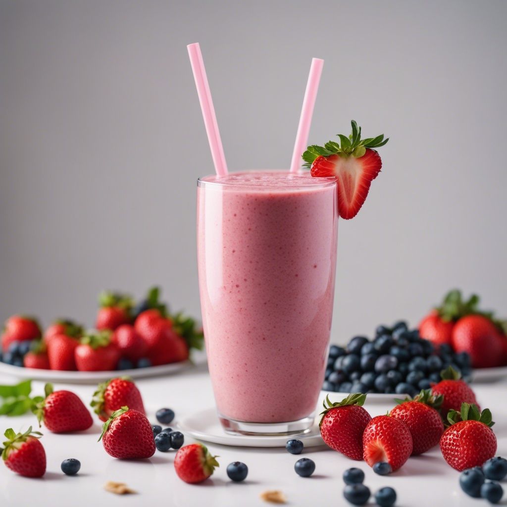 A glass of Strawberry Blueberry Banana smoothie with two pink straws inside the glass and garnished with half a stawberry. There are beautiful fresh berries surrounding the smoothie.