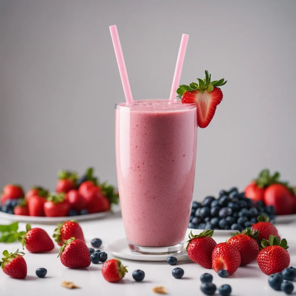 A glass of Strawberry Blueberry Banana smoothie with two pink straws inside the glass and garnished with half a strawberry. There are beautiful fresh berries surrounding the smoothie.