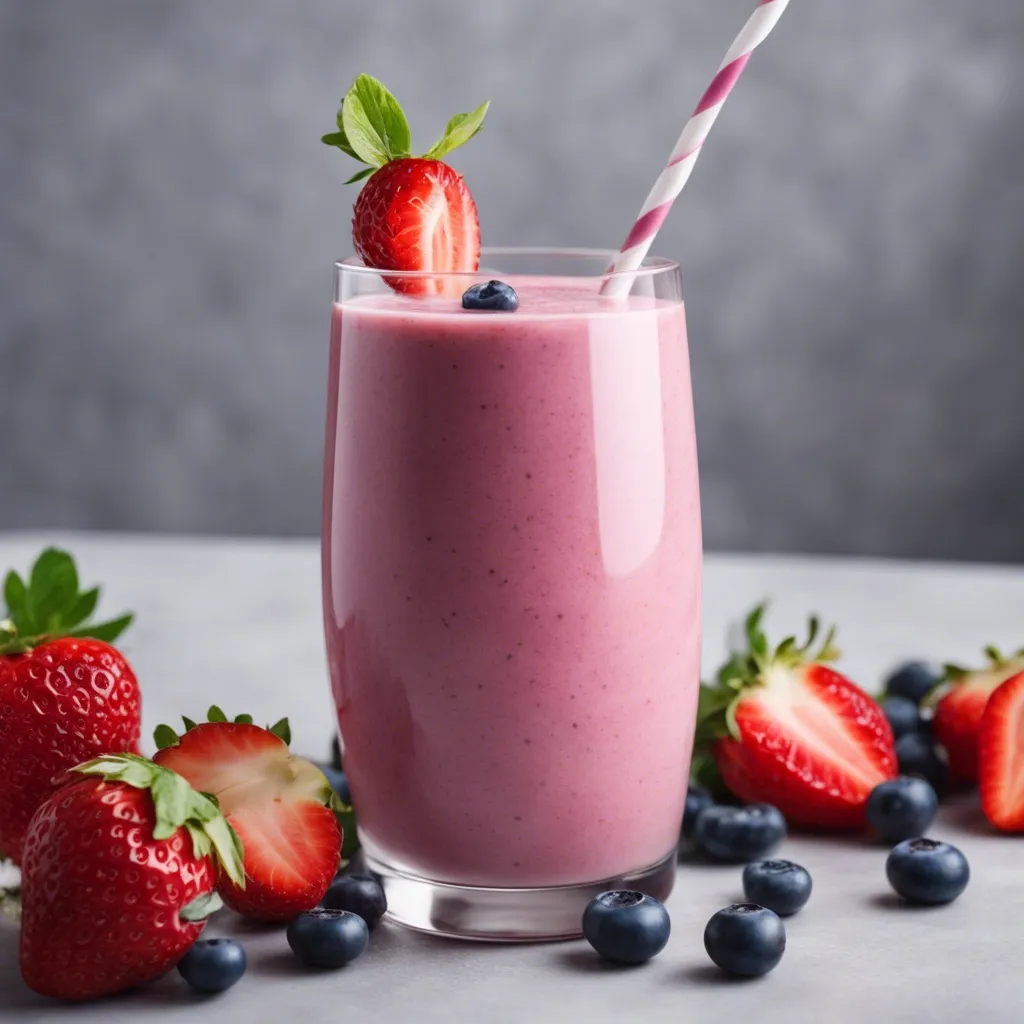 A glass of Strawberry Blueberry Banana smoothie with a pink and white inside the glass and garnished with a strawberry and blueberry, and fresh berries surrounding the smoothie.