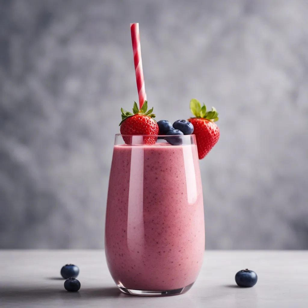 A glass of Strawberry Blueberry Banana smoothie with a pink inside the glass and garnished with strawberries and blueberries. There are three singluar blueberries scattered around the smoothie.