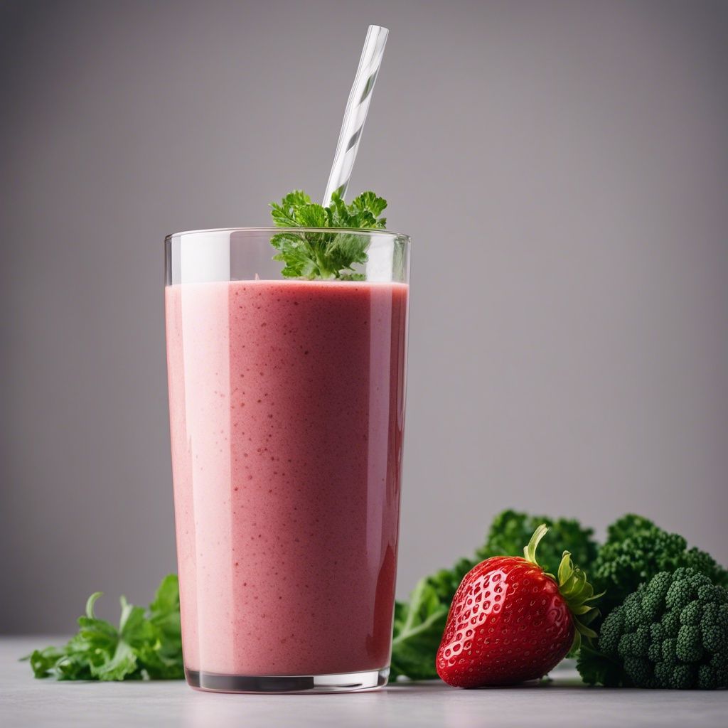A glass of strawberry kale smoothie with a white straw, garnished with a sprig of fresh parsley, with a strawberry and kale leaves in the background.
