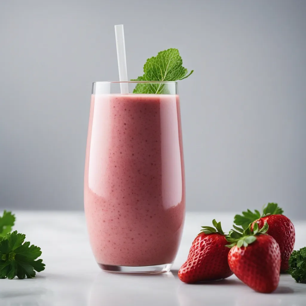 A tall glass of strawberry kale smoothie with a white straw, topped with a mint leaf, beside whole strawberries and parsley on a white surface.