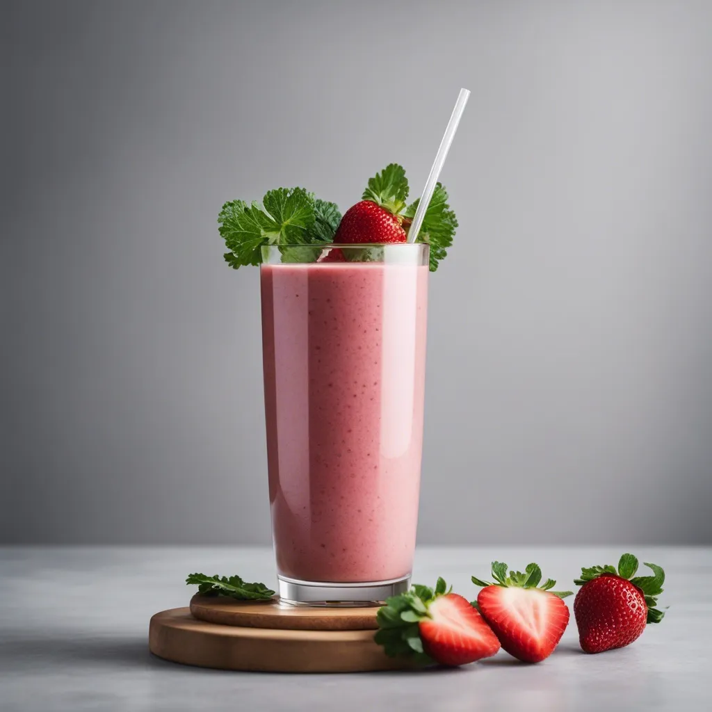 A glass of strawberry kale smoothie on a wooden coaster, with a white straw and garnished with strawberries and parsley, on a grey background.