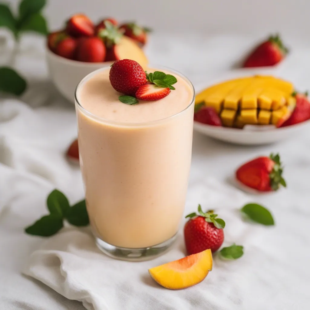 A vibrant, colorful strawberry mango and pineapple smoothie with strawberry and mint as garnish