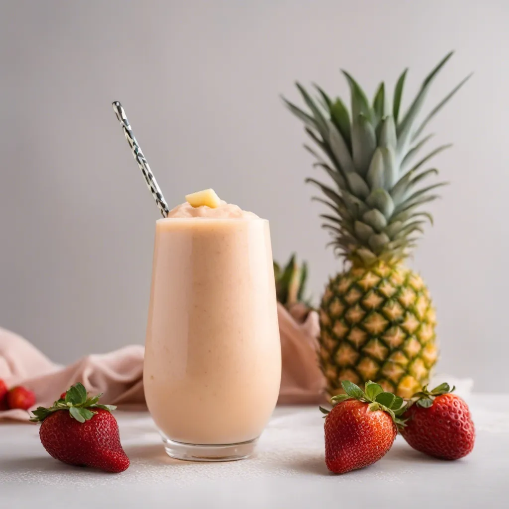 a strawberry mango and pineapple smoothie with a textured metal straw and in the background there is a pineapple and strawberries