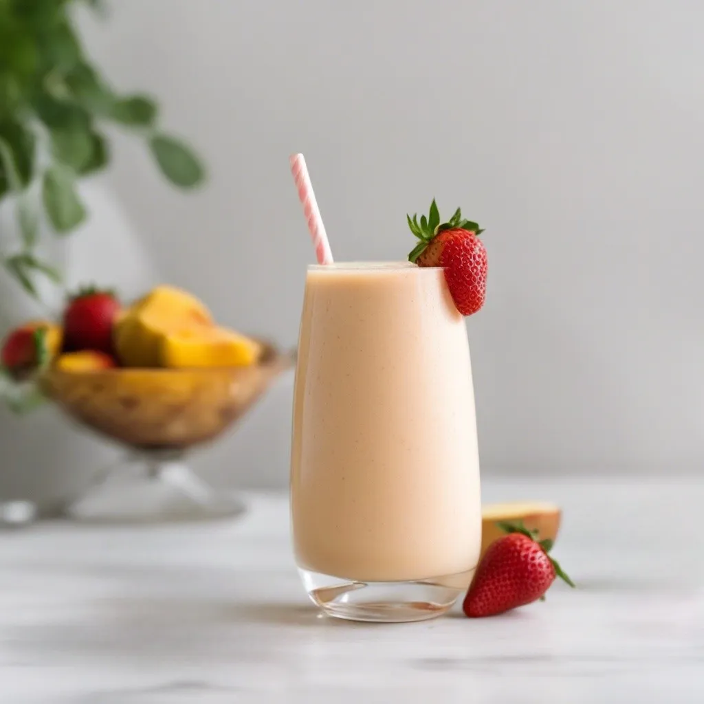 a glass of strawberry mago and pineapple smoothie with a strawberry as garnish