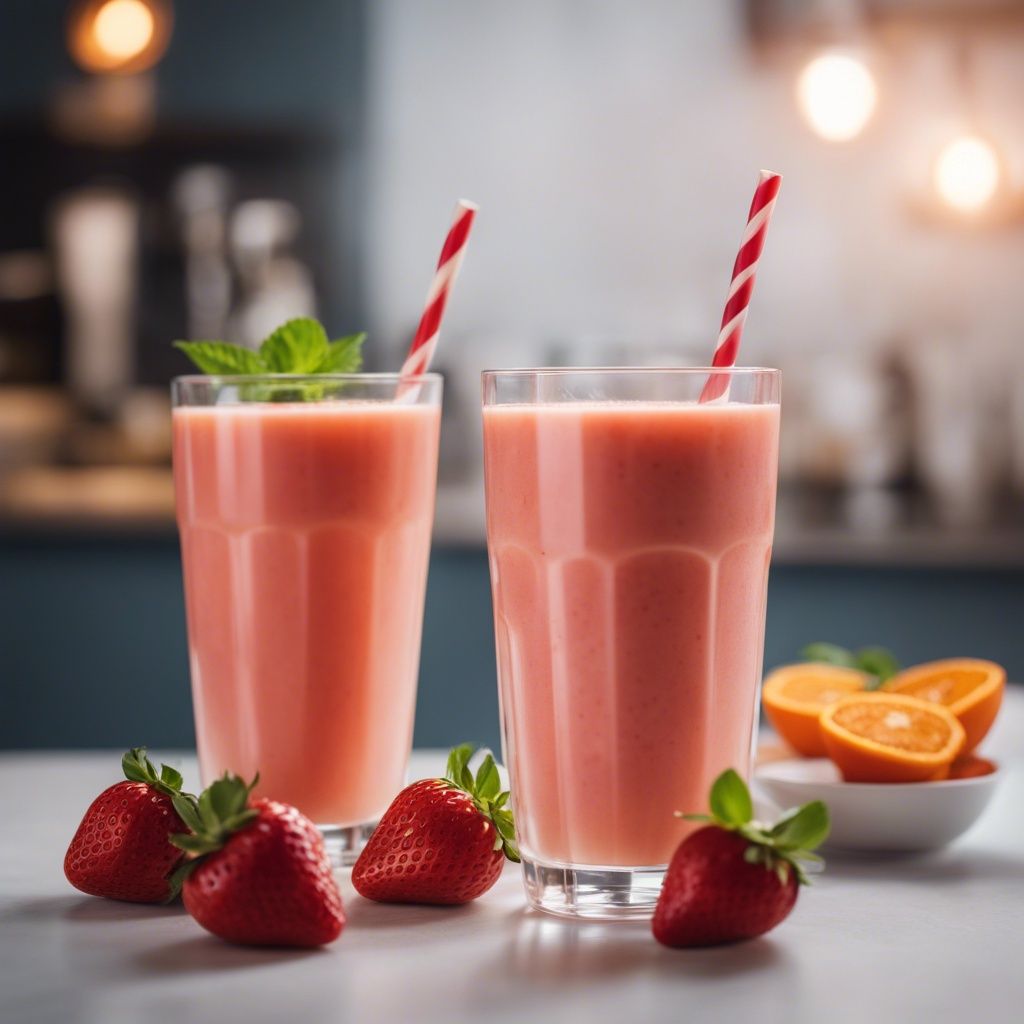 Two Strawberry Orange Smoothies with red and white straws ready to be served with fresh strawberries scattered around them.