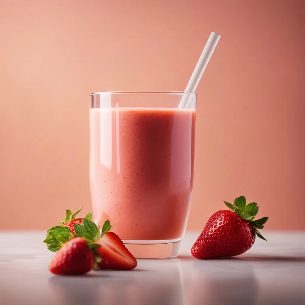 A Strawberry Orange Smoothie with a transparent straw on a light peach backdrop. There are a few fresh strawberries scattered around the glass.