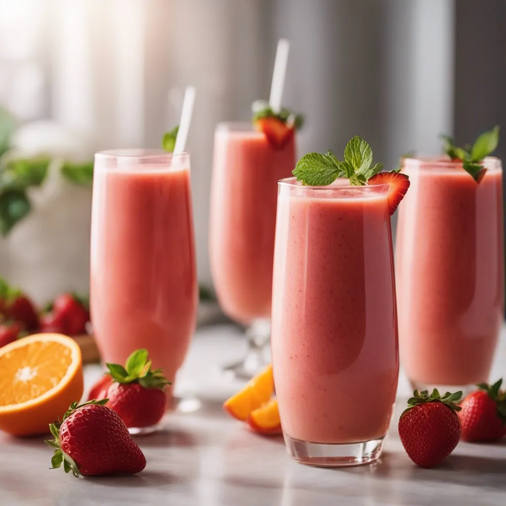 Four delicious Strawberry Orange Smoothies garnished with mint and strawberries and additionalfruit scattered around the glasses, like oranges slices and strawberries.