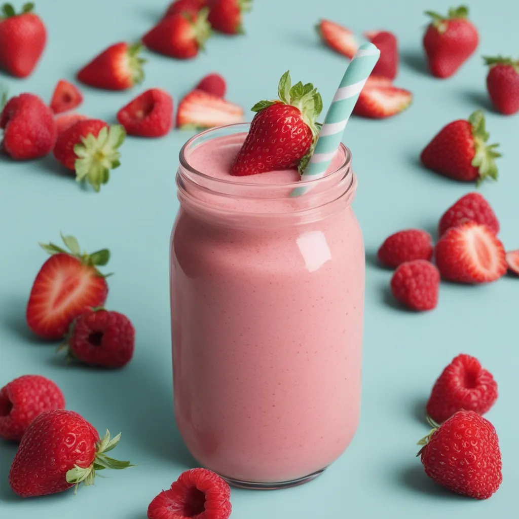 A vibrant strawberry raspberry smoothie in a tall glass, garnished with
fresh berries