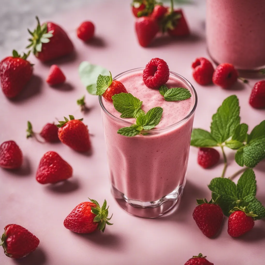 A glass of pink smoothie garnished with mint leaves, surrounded by fresh strawberries and raspberries on a pink surface.