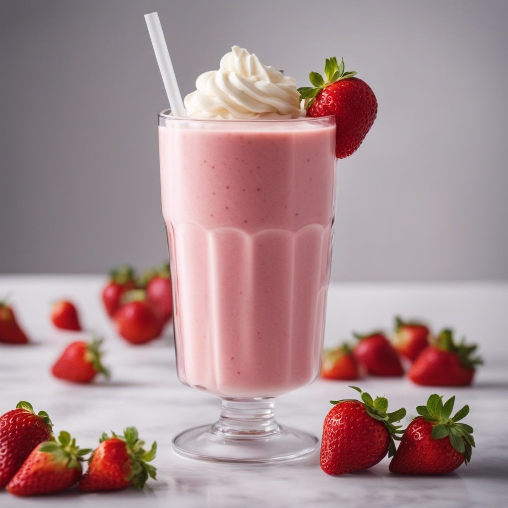 A creamy strawberry shortcake smoothie topped with whipped cream and a fresh strawberry in a tall glass, surrounded by scattered strawberries on a light background