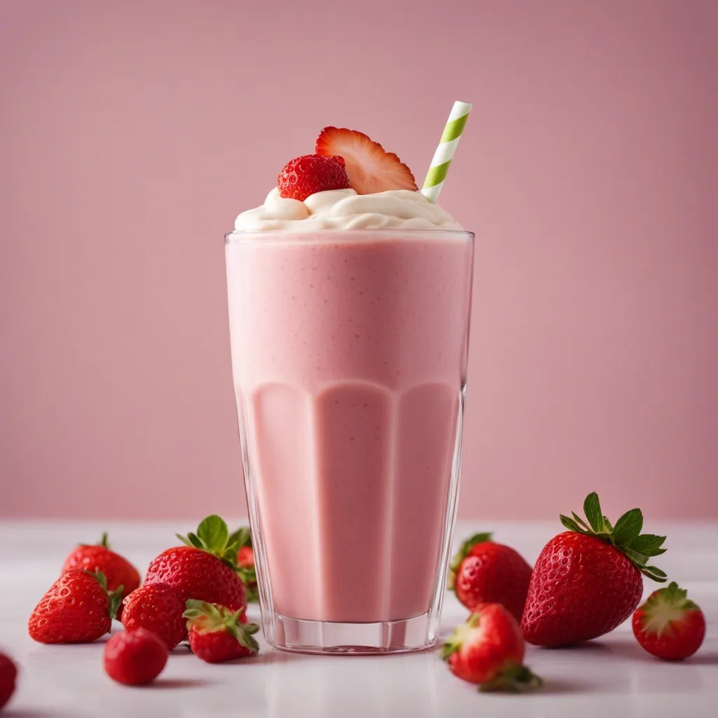 A strawberry shortcake smoothie with whipped cream and a slice of strawberry on top, served with a striped straw, surrounded by strawberries on a light pink background