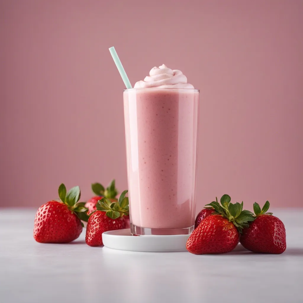 A strawberry shortcake smoothie with whipped cream on top, served on a white coaster, accompanied by strawberries on a pink surface