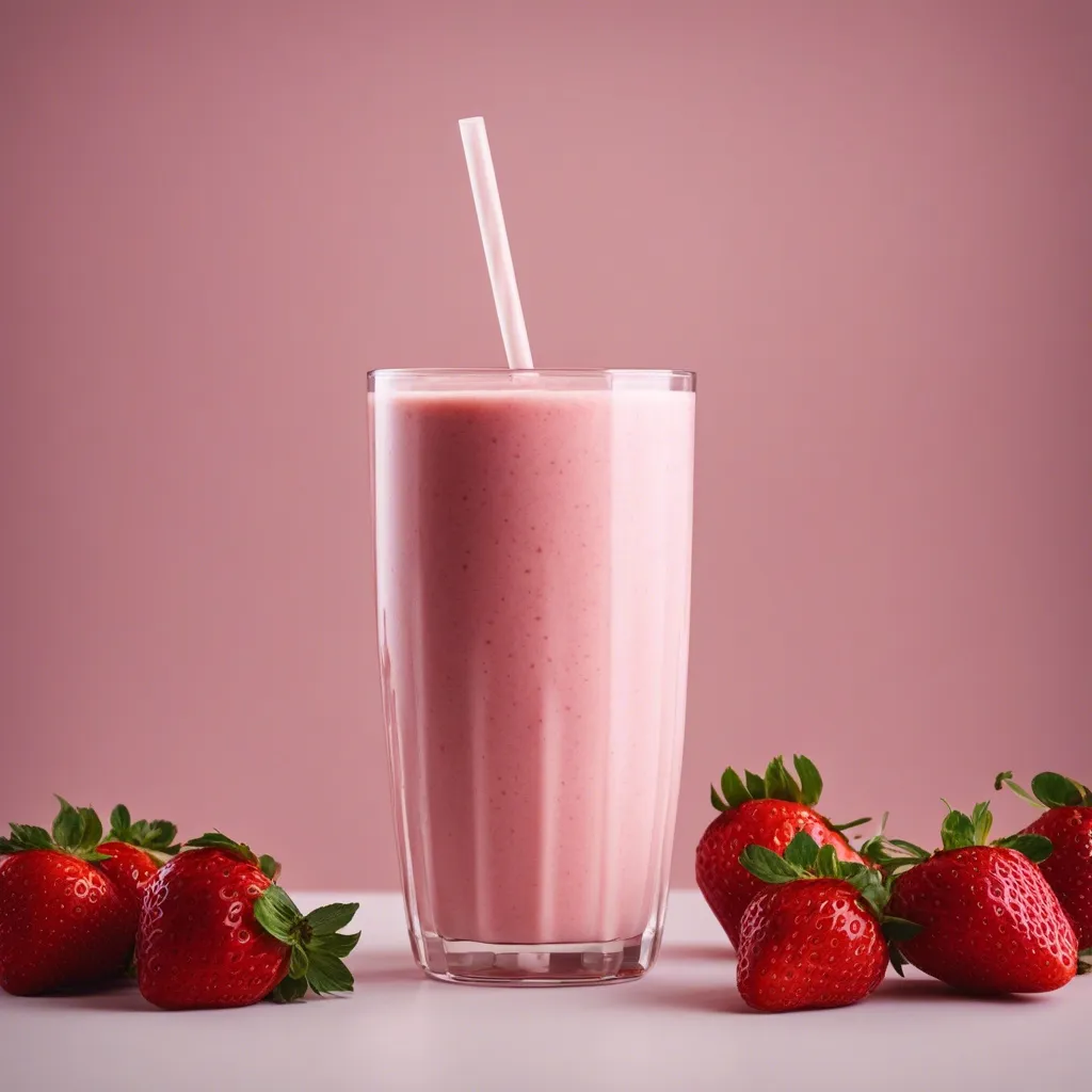 A strawberry shortcake smoothie in a tall glass with a straw, with strawberries scattered around on a light pink background