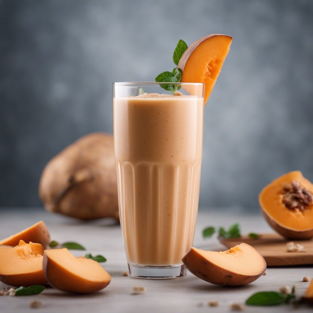 A tall glass of sweet potato smoothie served with a slice of sweet potato and other sweet potatoes surrounding it.