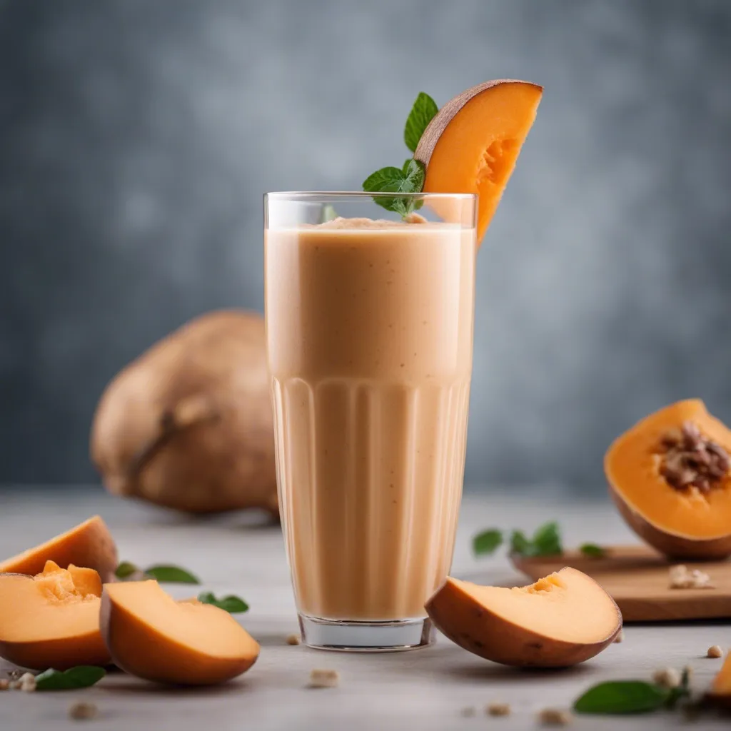 A tall glass of sweet potato smoothie served with a slice of sweet potato and other sweet potatoes surrounding it.