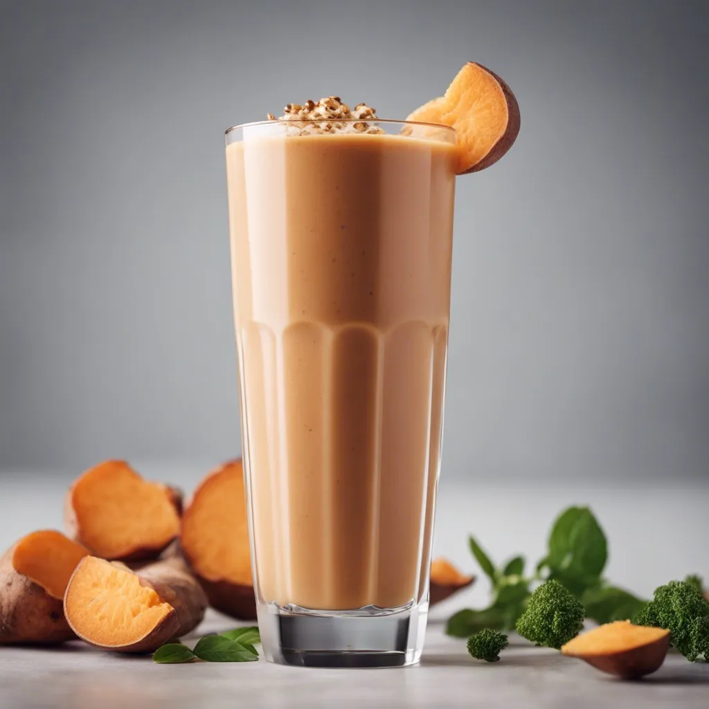 A tall glass of sweet potato smoothie garnished with sweet potato and other potatoes in the background.