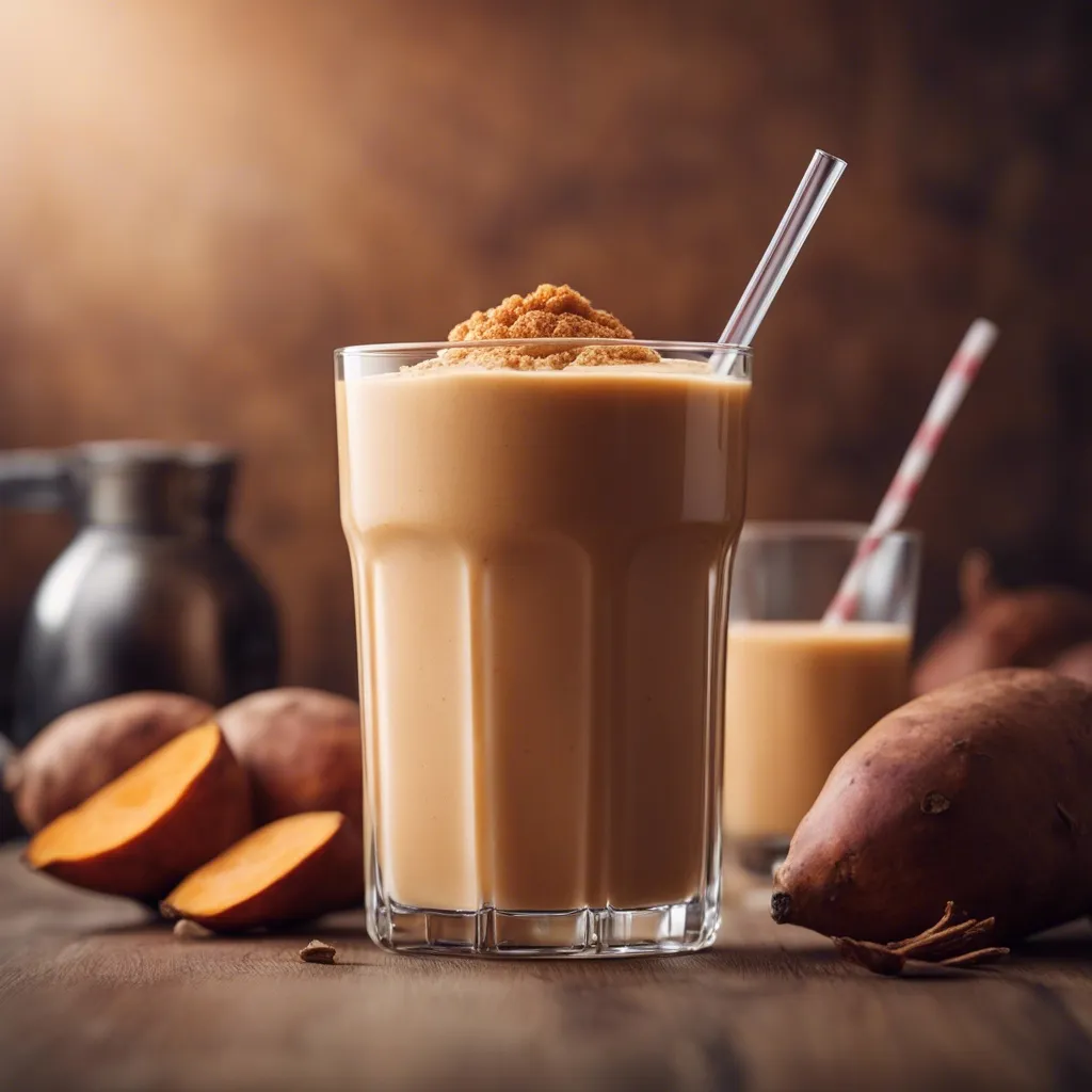 A glass of sweet potato smoothie with a clear straw garnished with crumbled biscuit and other sweet potatoes in the background.