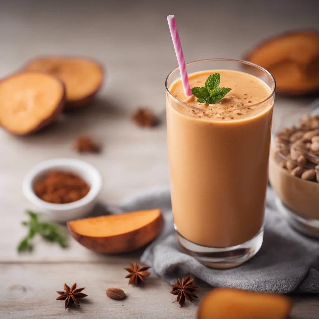 A glass of sweet potato smoothie photographed from above with a pink straw, garnished with mint and surrounded by spices and sliced sweet potato.