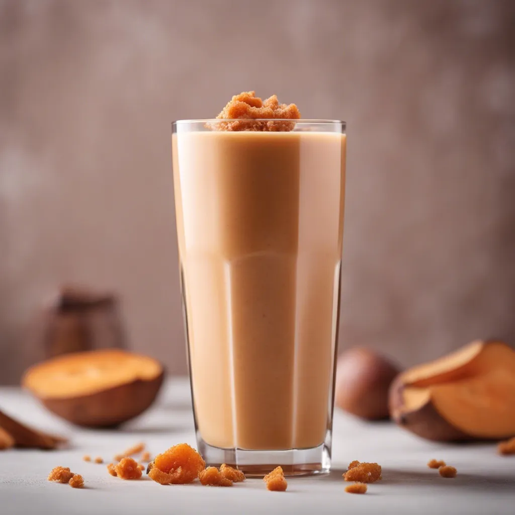 A beautiful tall glass of sweet potato smoothie photographed from the side with other sweet potatoes in the background.