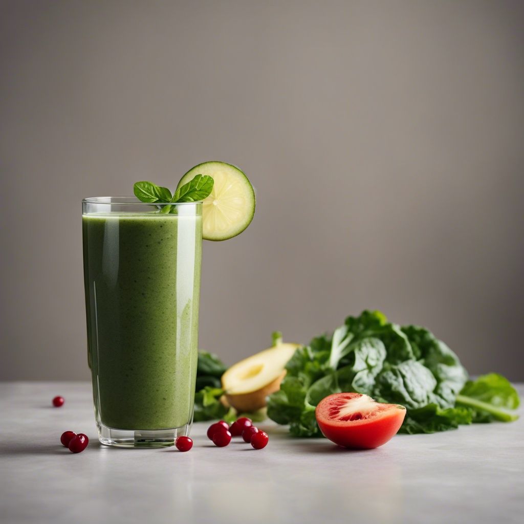 A tall glass of Swiss chard smoothie garnished with a lime slice and basil leaf, surrounded by fresh Swiss chard leaves, half a lime, a tomato slice, and pomegranate seeds
