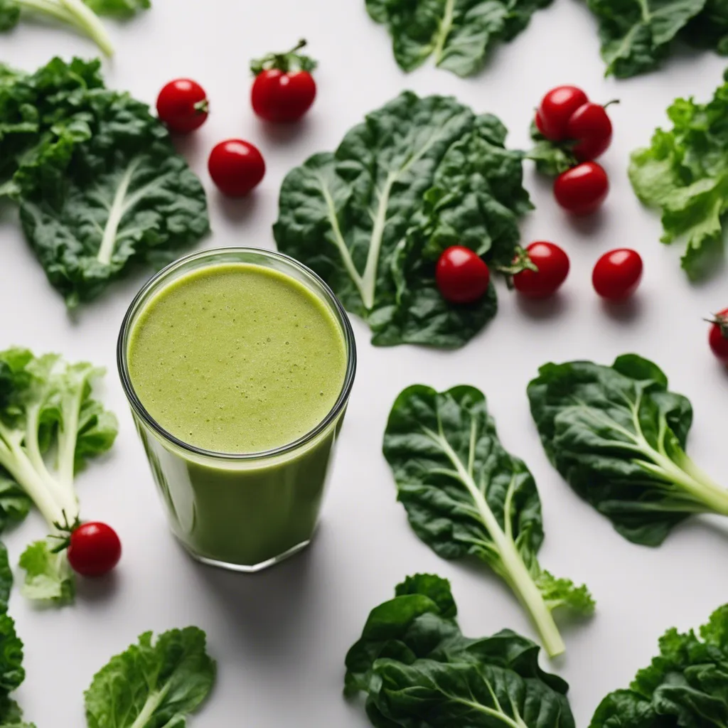 Top view of a glass of Swiss chard smoothie amidst a pattern of Swiss chard leaves and cherry tomatoes on a white surface