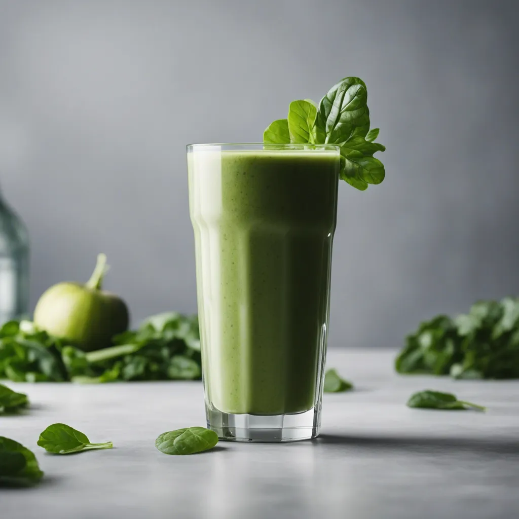 A glass of green Swiss chard smoothie topped with fresh basil, with spinach leaves scattered on the table and a green apple in the background