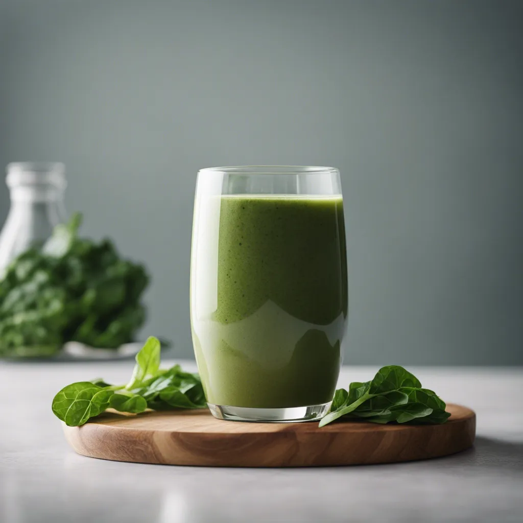 Swiss chard smoothie served in a clear glass on a wooden round plate, surrounded by fresh spinach leaves on a marble countertop