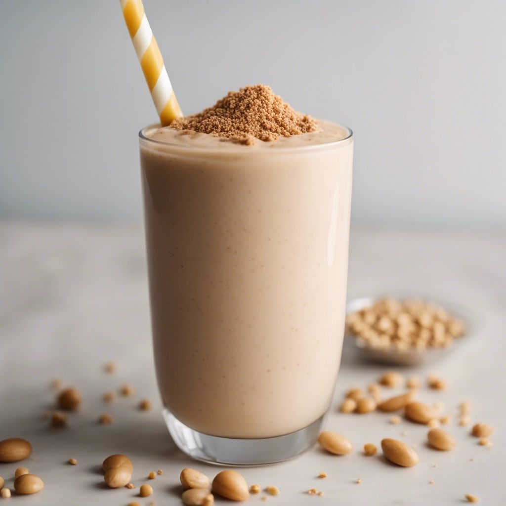 A tall glass of tahini smoothie topped with sesame seeds, accompanied by whole sesame seeds and a yellow striped straw