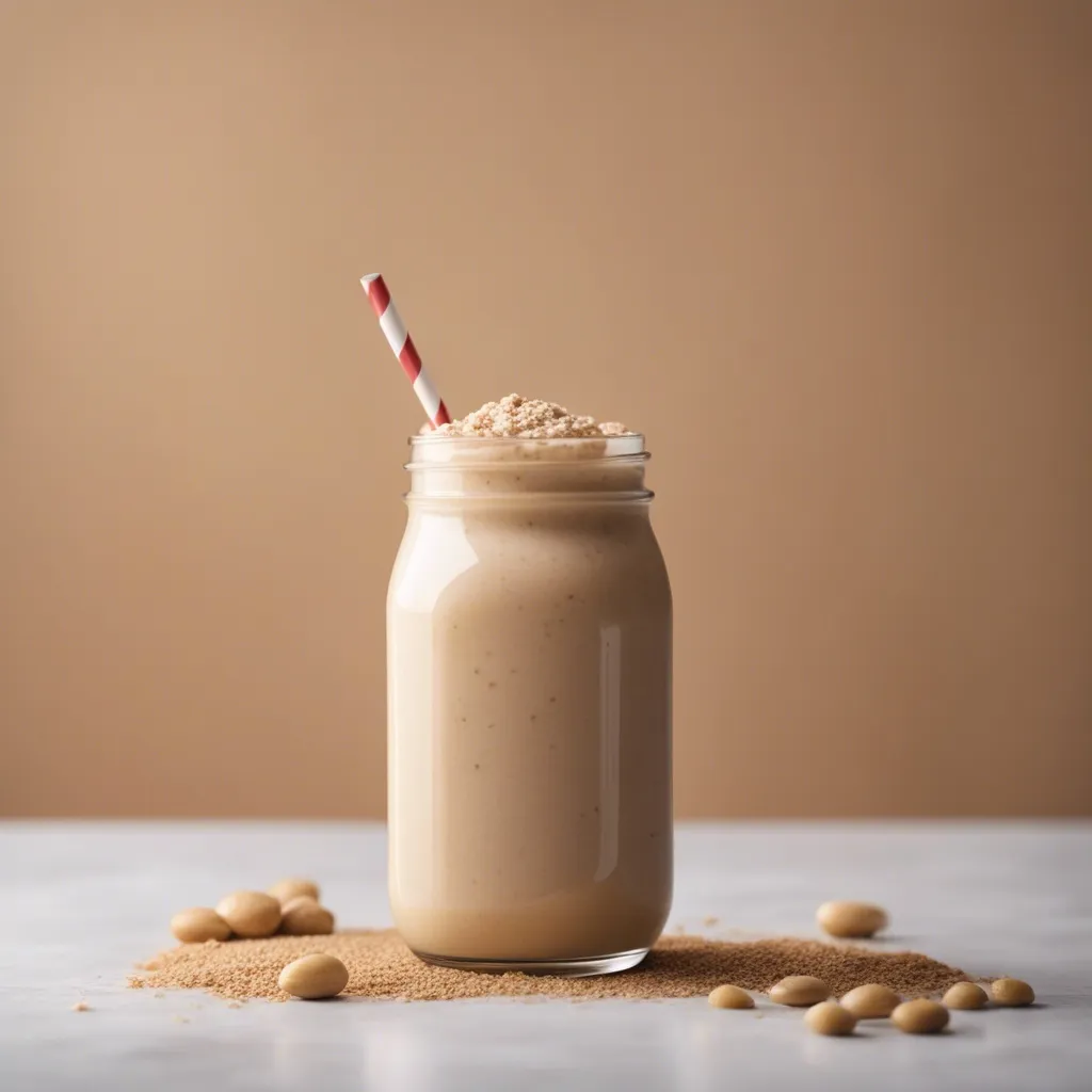 A mason jar filled with tahini smoothie, topped with sesame seeds, and a red and white striped straw, with sesame seeds scattered around on the table