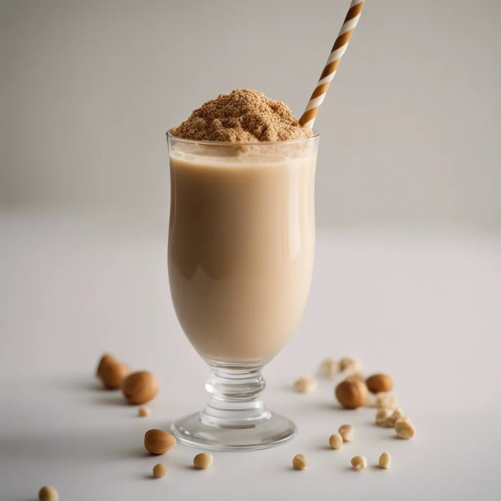 A stemmed glass filled with tahini smoothie, sprinkled with sesame seeds on top, next to scattered chickpeas and sesame seeds with a striped straw