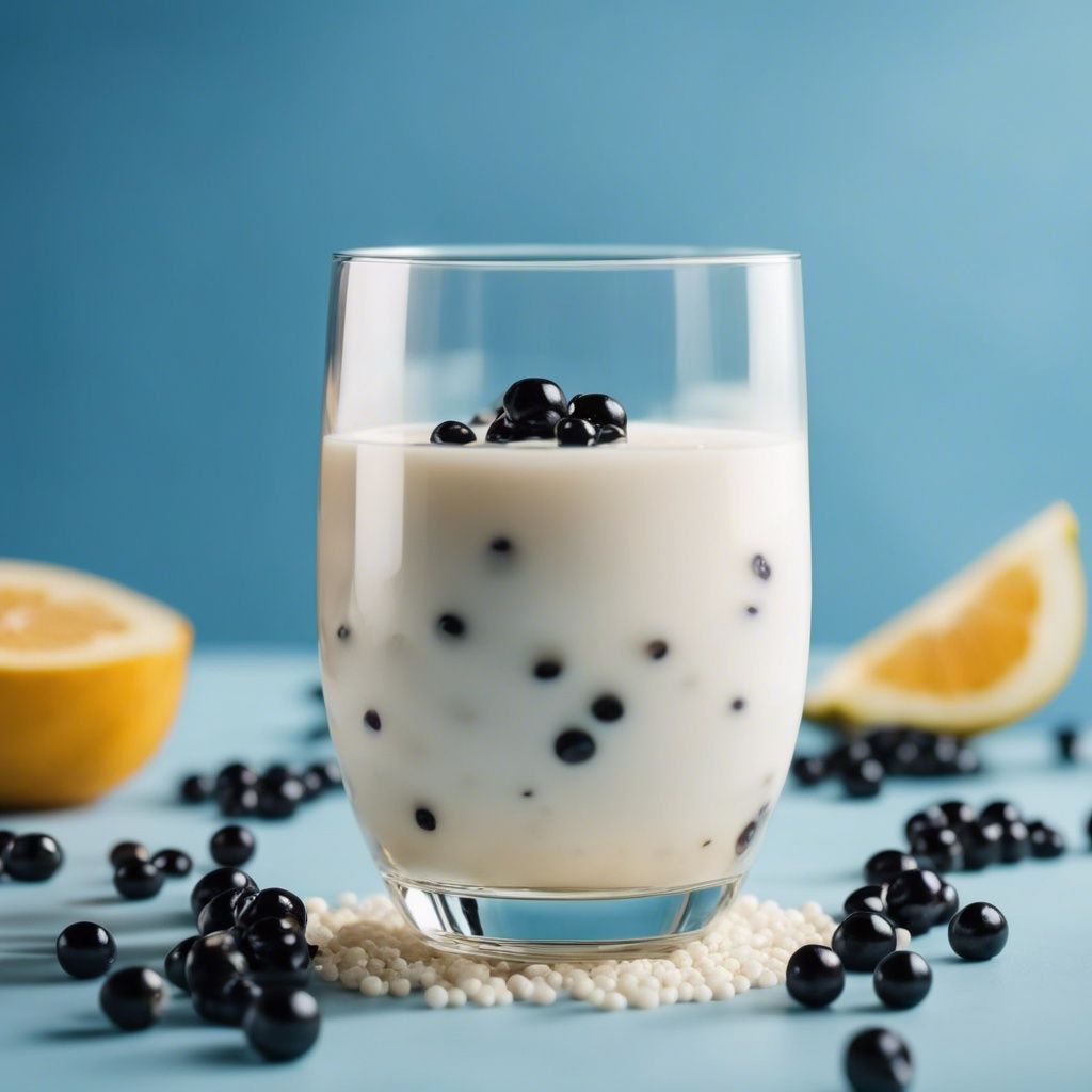 A creamy tapioca smoothie in a glass, topped with tapioca pearls