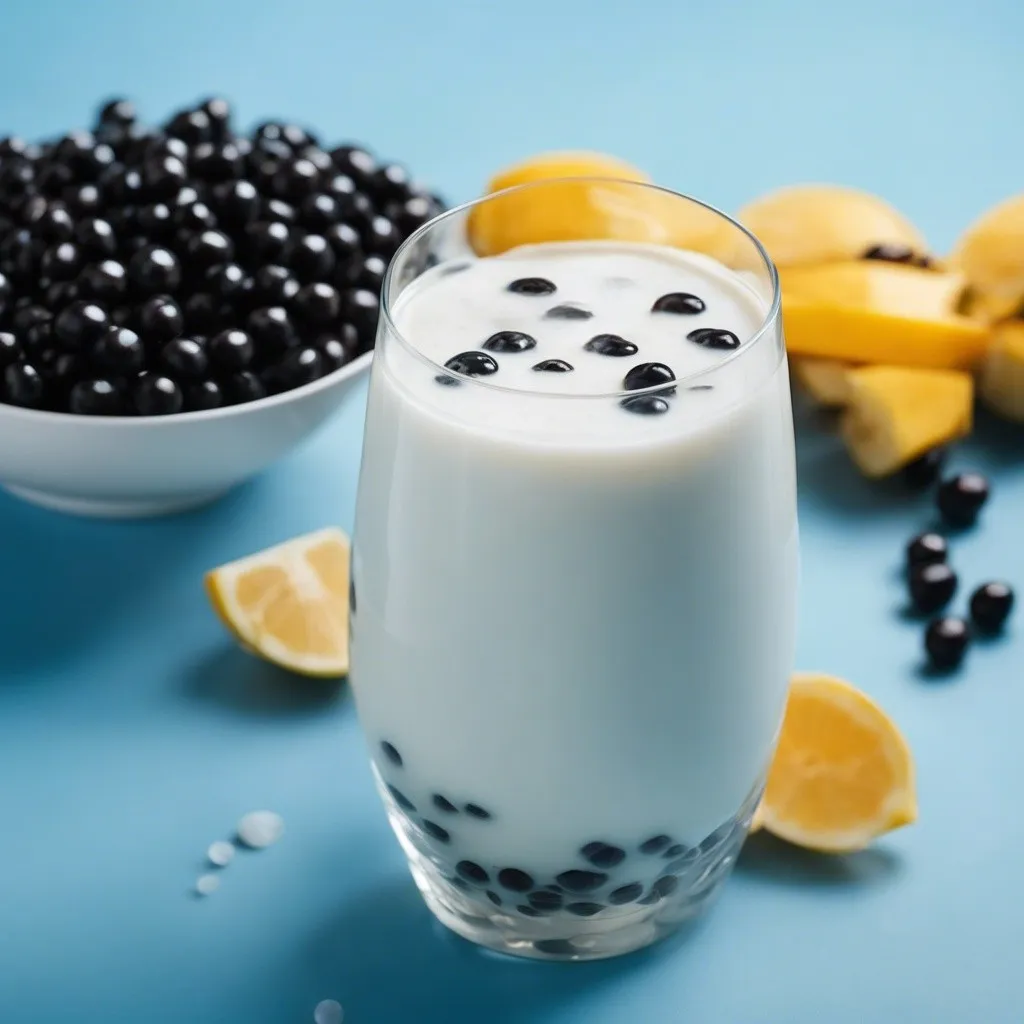 A creamy tapioca smoothie in a glass, topped with tapioca pearls, on a blue backdrop with mangos in the background