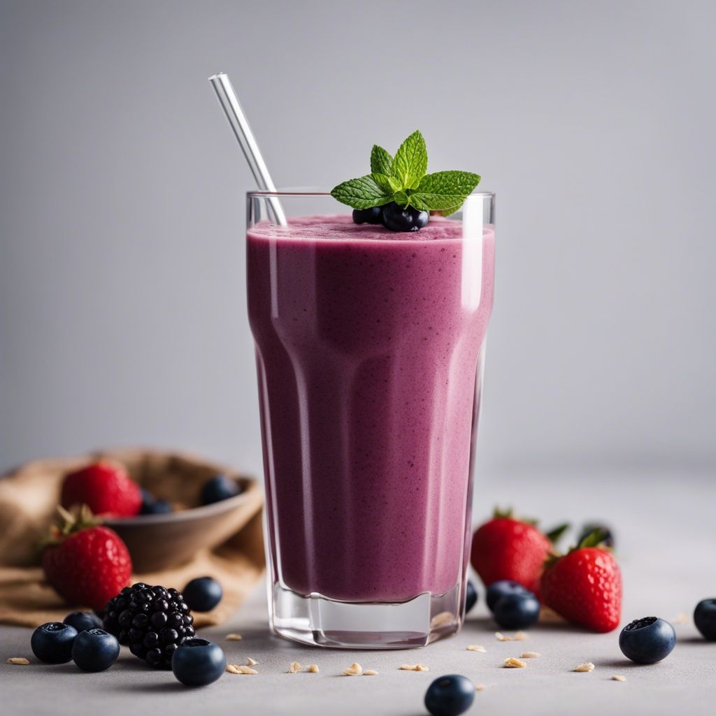 A thick triple berry oat smoothie in a clear glass with a white straw, garnished with fresh mint and a blueberry, with strawberries, blackberries, and blueberries scattered around.