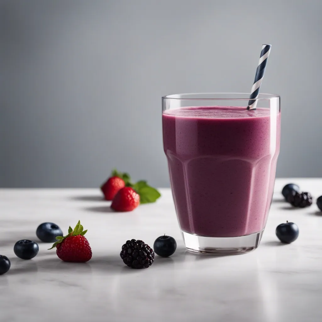 A velvety triple berry oat smoothie in a clear glass with a black and white striped straw, surrounded by fresh strawberries and blueberries on a marble countertop for a nutritious treat.