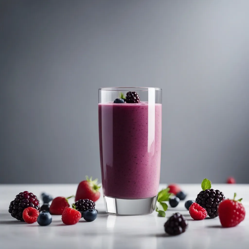 A nutritious triple berry oat smoothie in a clear glass, surrounded by an assortment of fresh berries, illustrating a delicious and healthy beverage option.