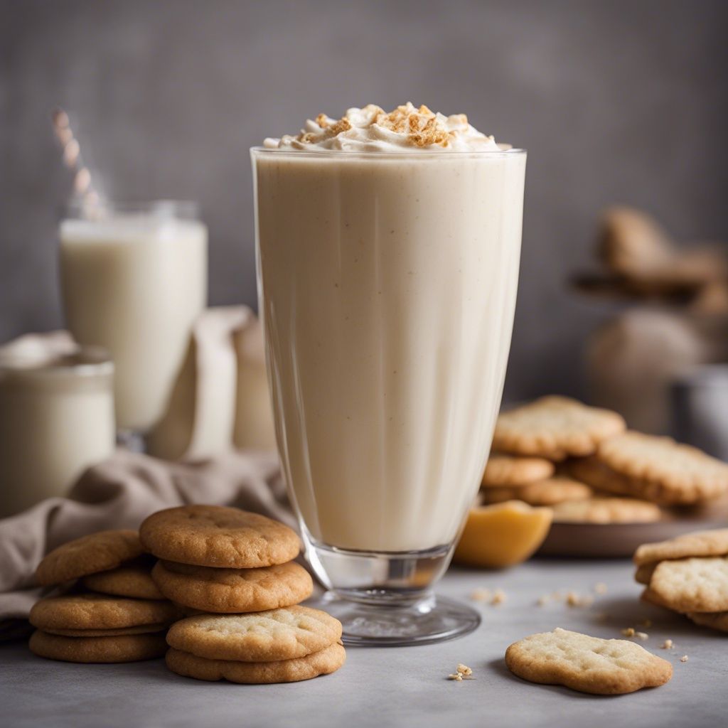 A milkshake glass of Vanilla Smoothie with crumbled biscuit served on top. The smoothie has delicious cookies scattered around it.