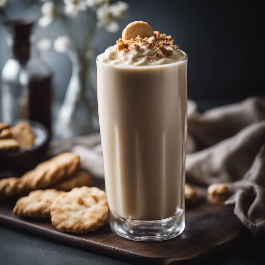 A glass of Vanilla Smoothie topped with a small cookie and cookie crumbs and served with a few more cookies.