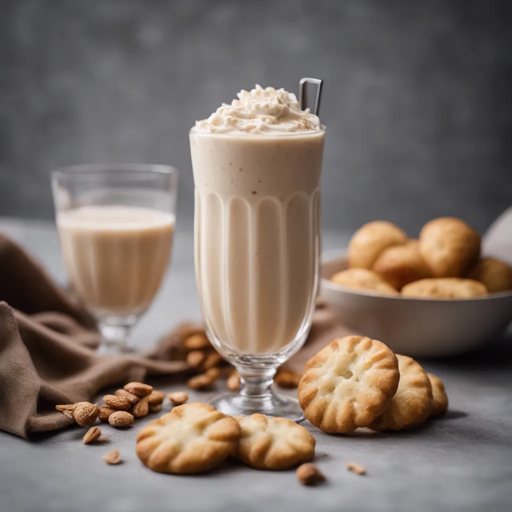 A milkshake glass of Vanilla Smoothie surrounded by cookies and scones in the background. The glass has a spoon inside and it's ready to be served.