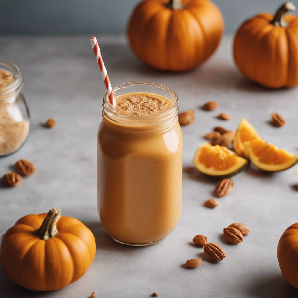 Vegan Pumpkin Smoothie in a mason jar with a striped straw, surrounded by whole pumpkins, almond nuts, and orange slices