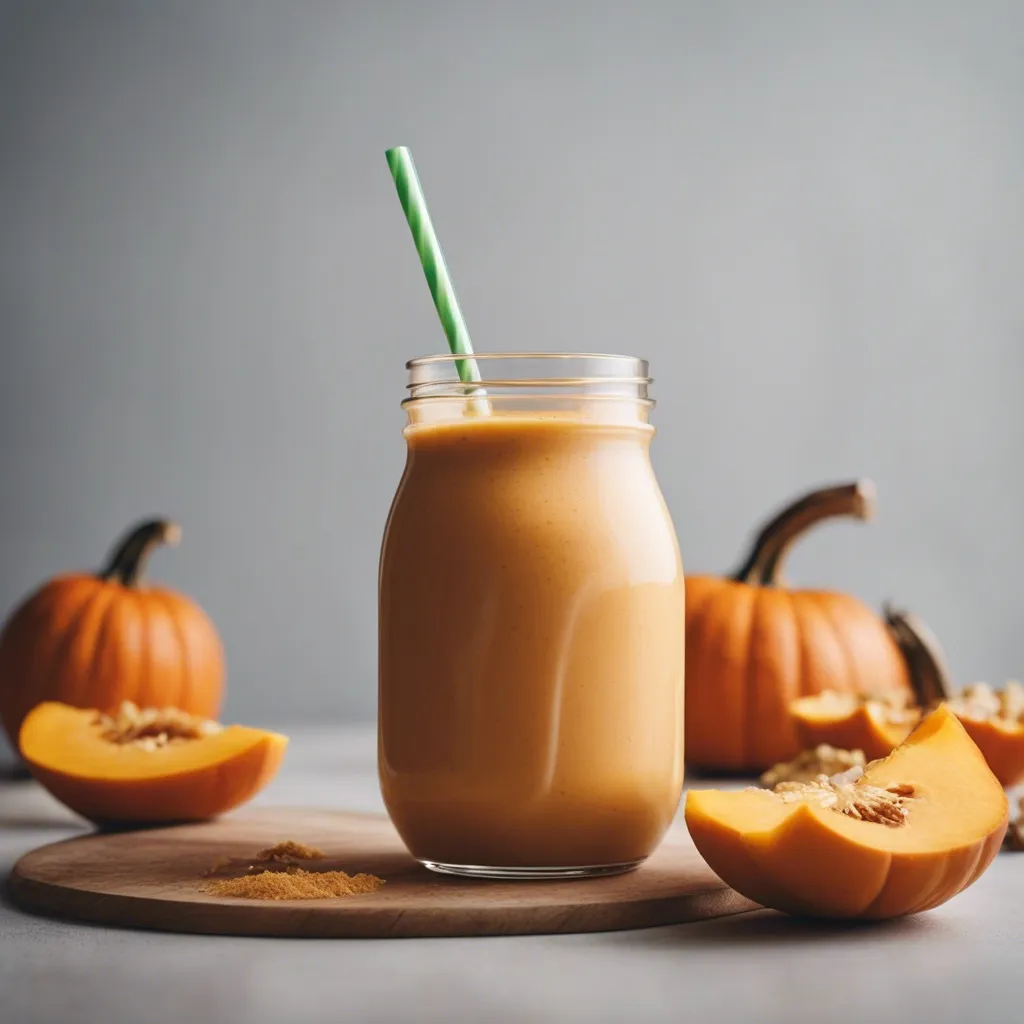 Vegan Pumpkin Smoothie in a mason jar with a green straw on a wooden board, accompanied by sliced pumpkins