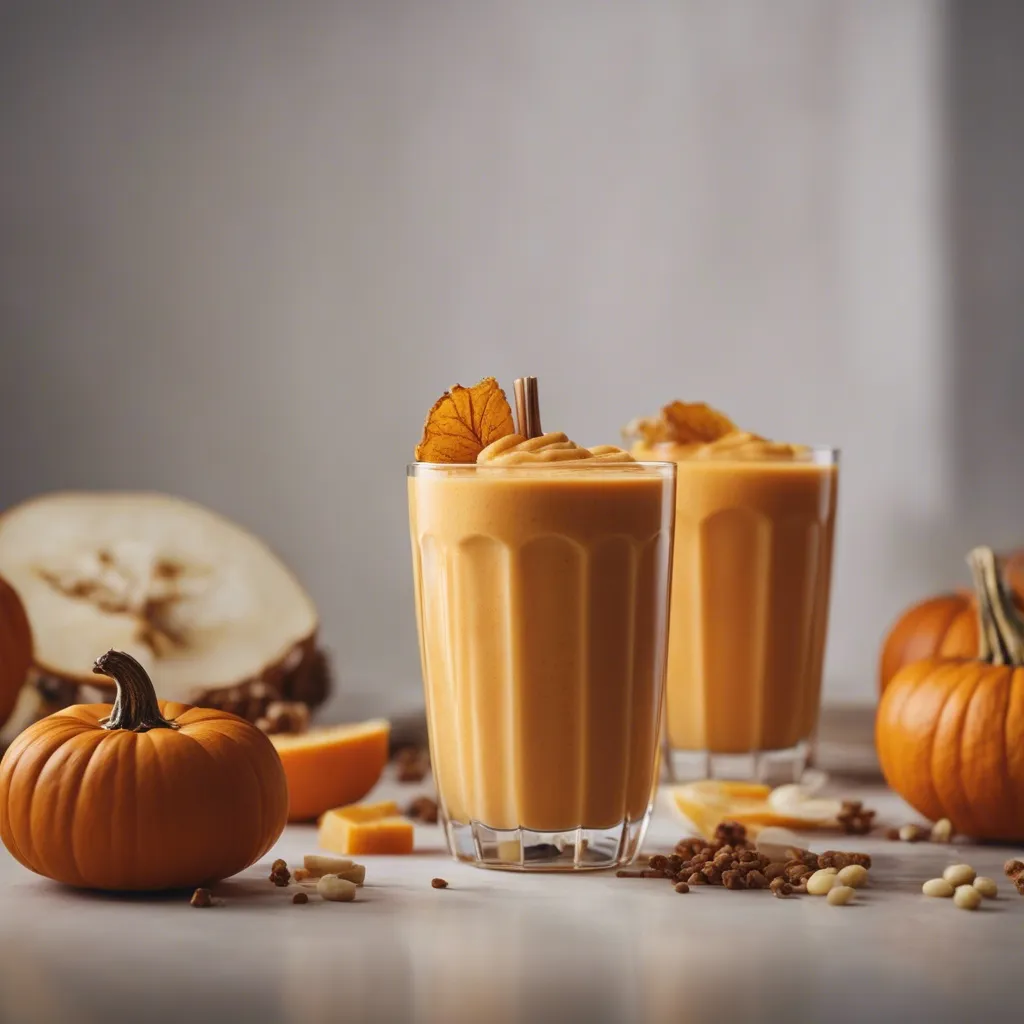 Two glasses of Vegan Pumpkin Smoothie garnished with a cream top and a leaf, with pumpkins and scattered nuts around