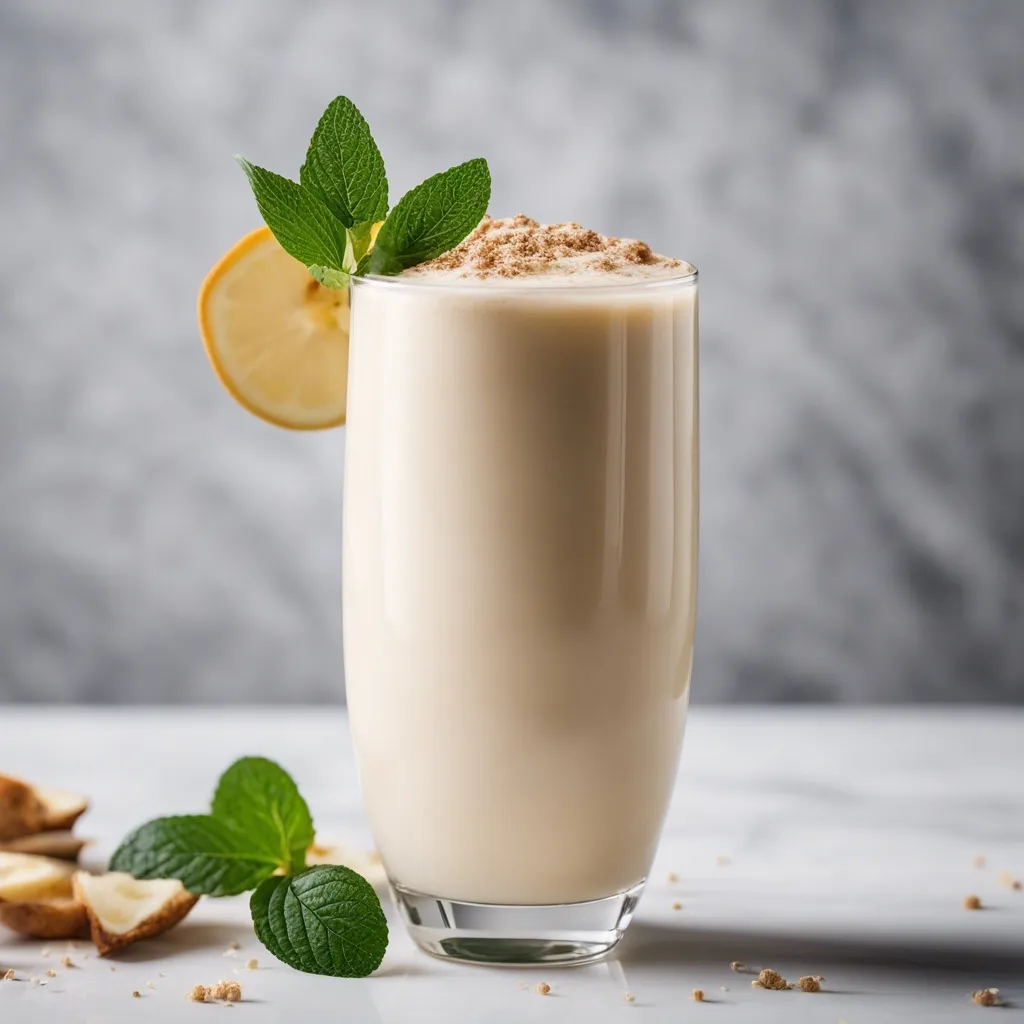 Refreshing virgin pina colada smoothie with a mint garnish and a slice of lemon on the rim of the glass, with crushed biscuits on the side.