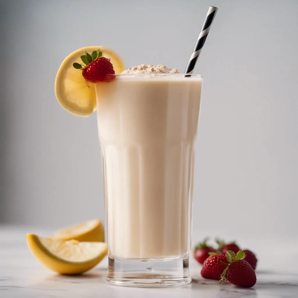 Virgin pina colada smoothie topped with ground cinnamon, a lemon slice, and a strawberry, served with a striped straw and surrounded by fresh fruits.