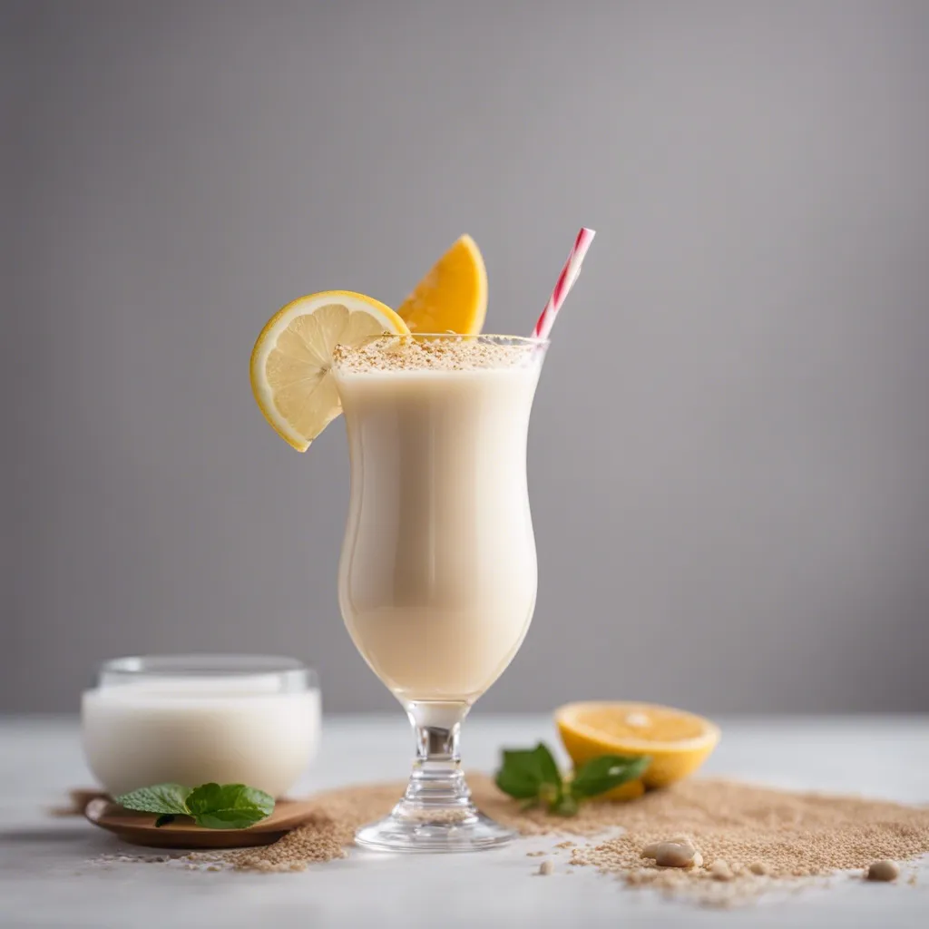 Creamy virgin pina colada smoothie in a hurricane glass, topped with a sprinkle of nutmeg and garnished with a lemon wedge and a striped straw, next to ingredients on a table.